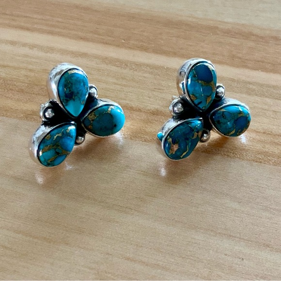 Copper Turquoise Solid 925 Sterling Silver Post Stud Earrings - Picture 1 of 4